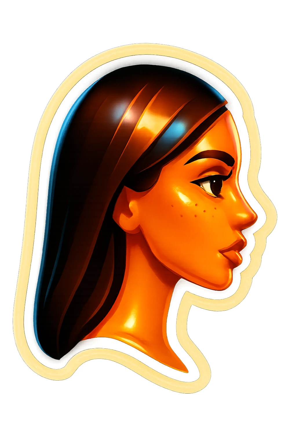 Create a side view (profile) of this woman's head, matching the same cartoon emoji style of the reference image, with long dark hair and similar facial features. Variant 3. sticker