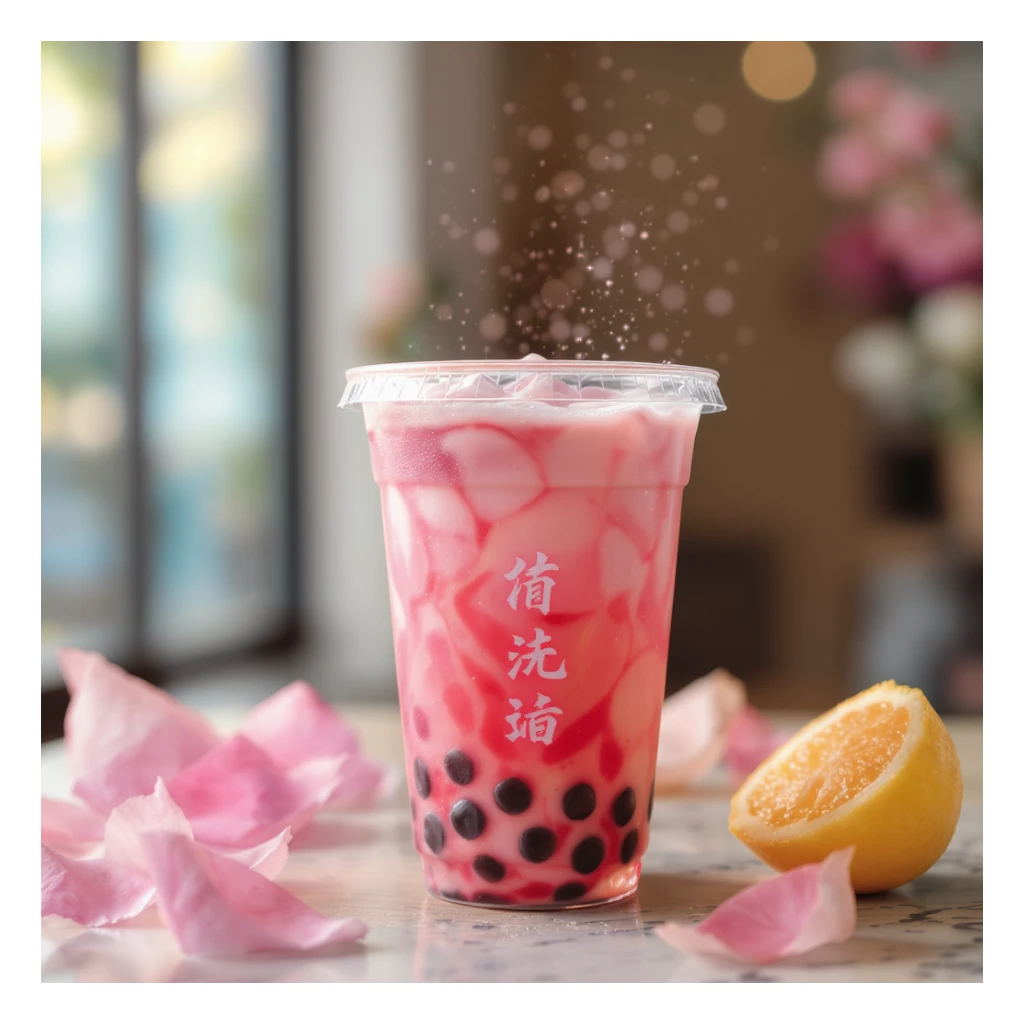photorealistic elegant pink bubble tea with sparkles, transparent background sticker