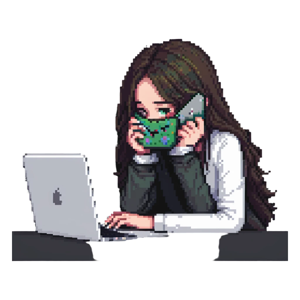 girl hiding her face while working behind a MacBook, pixel art style sticker