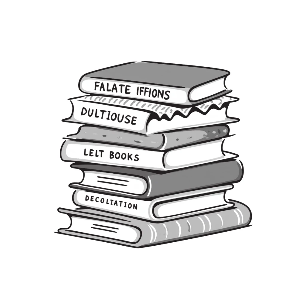 a stack of books with visible covers and spines, in pastel colors dd9fb0, ffc6d3, a3bfc9, c4bee2, f1b091, detailed hand-drawn doodle style sticker