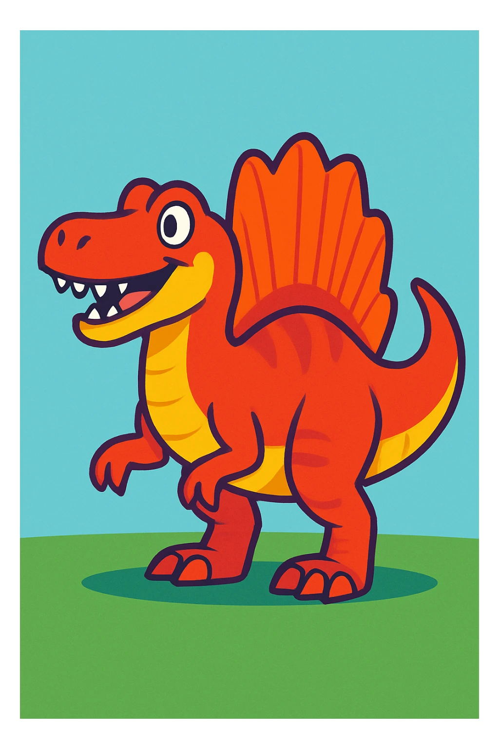 cartoon style spinosaurus, bright colors, friendly expression, simple background sticker
