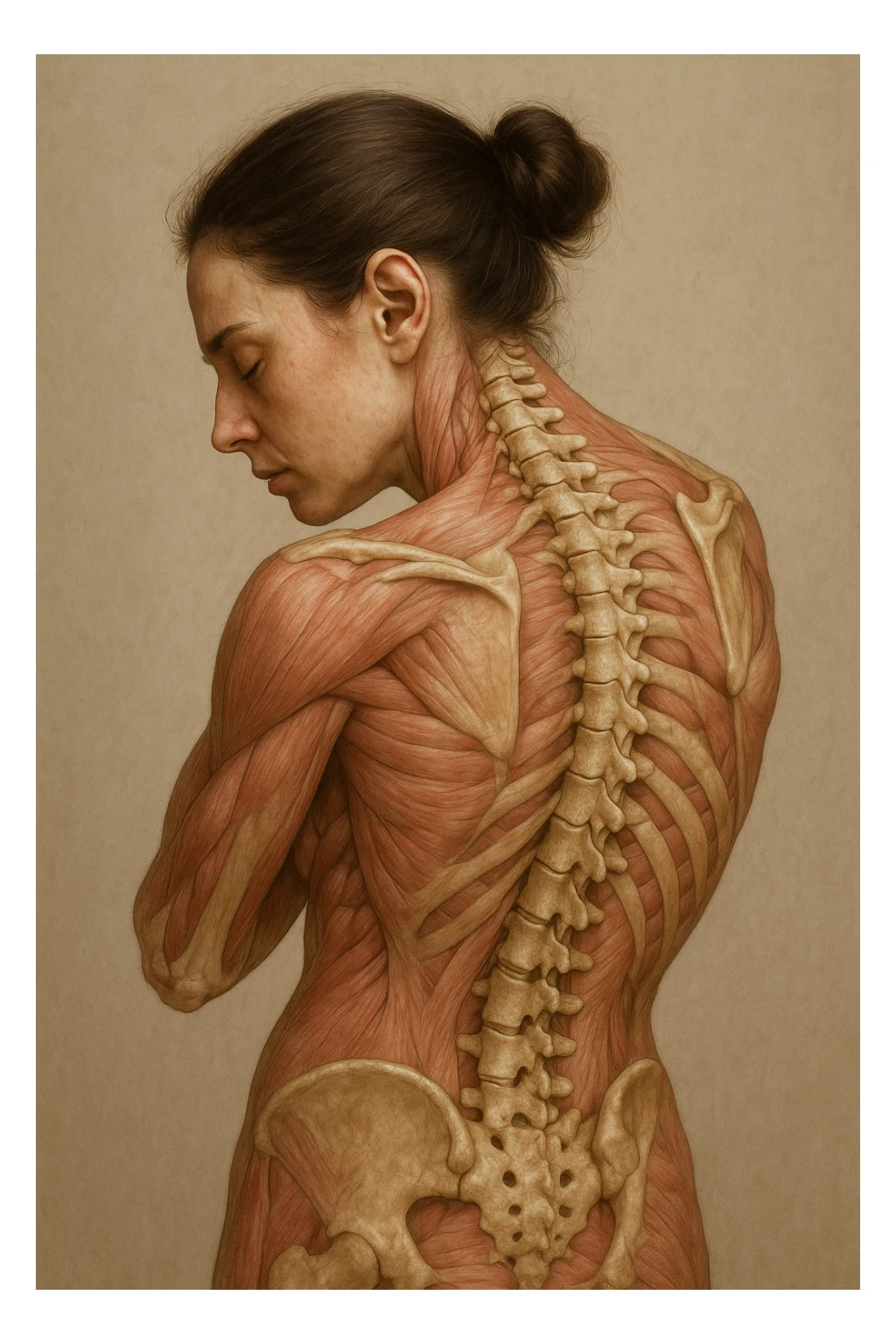 CORPO UMANO ANATOMICO di una donna di profilo con spalle chiuse e postura incurvata, spina dorsale in evidenza, IPERREALISTICO 4K sticker