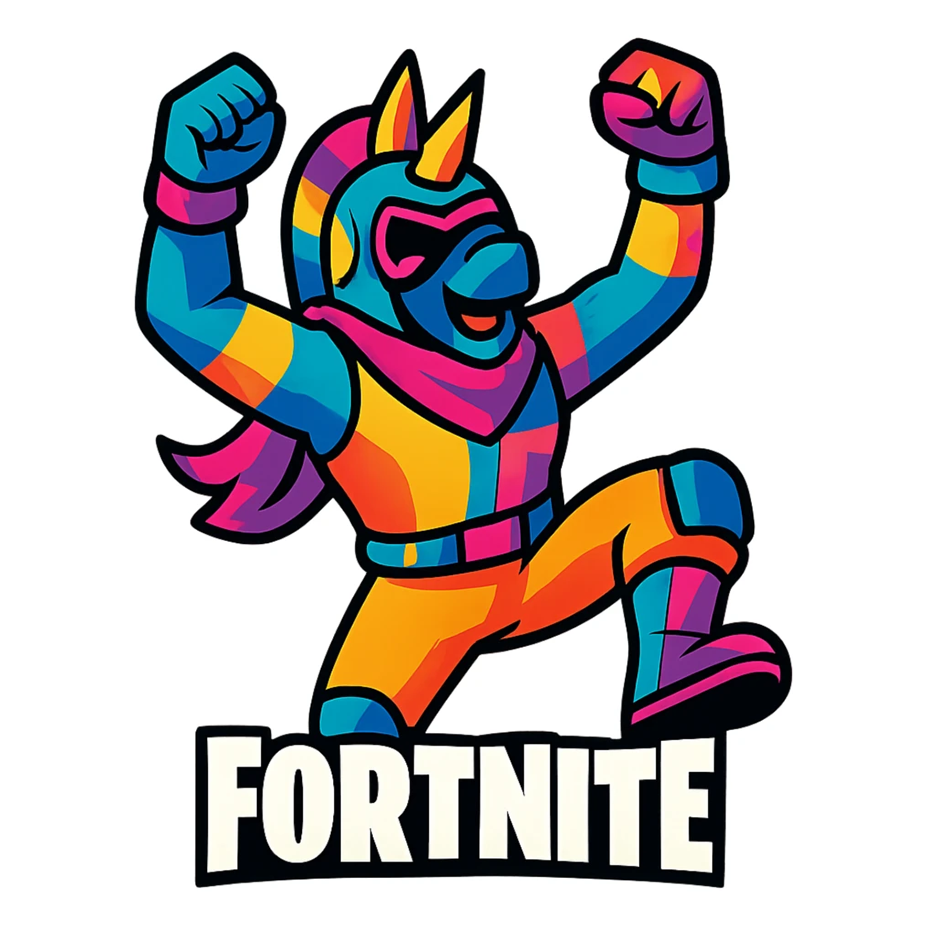 Fortnite character in a victory pose, colorful and energetic sticker