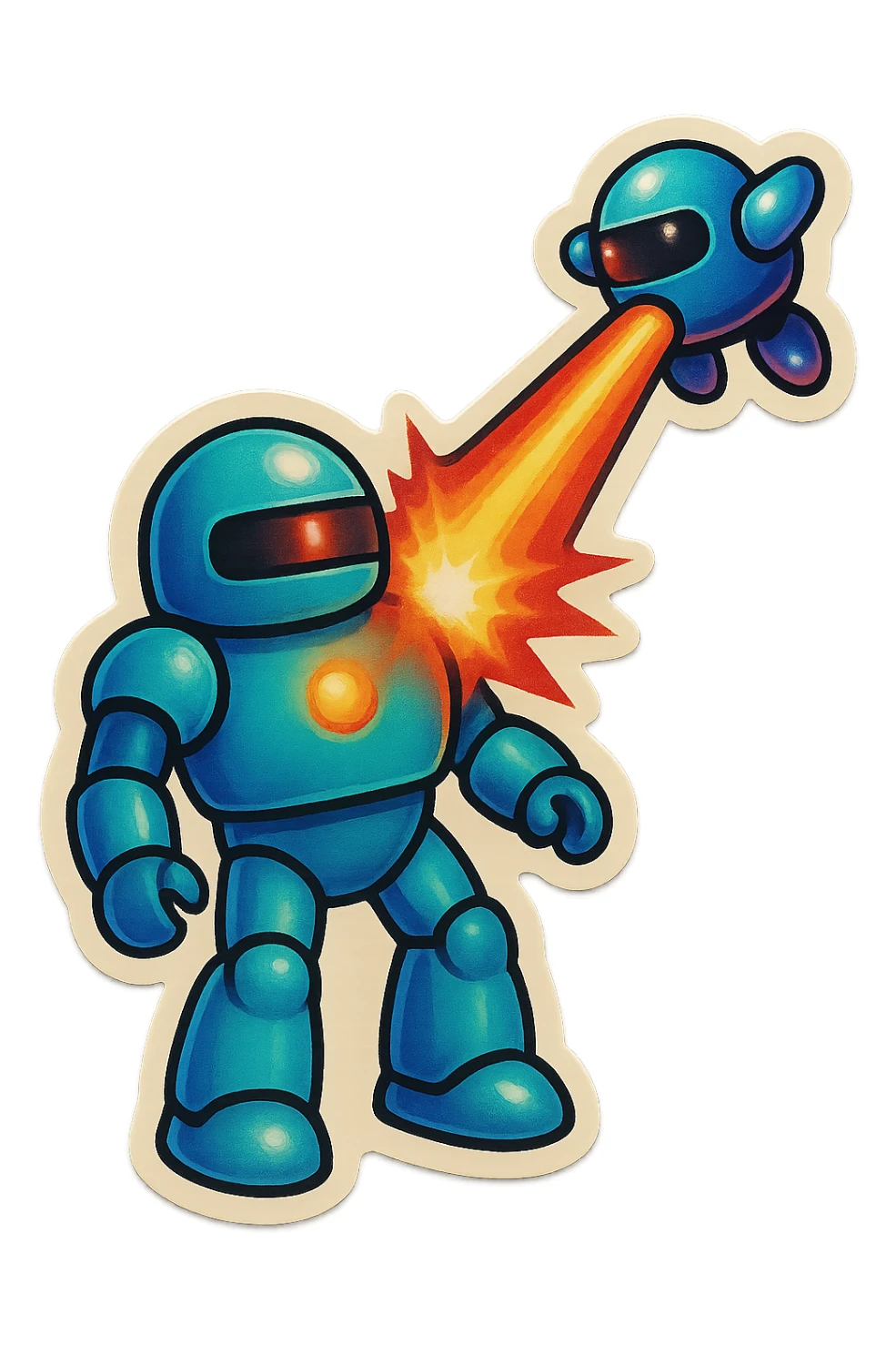 new character...robot being hit with a red beam by a flying robot sticker
