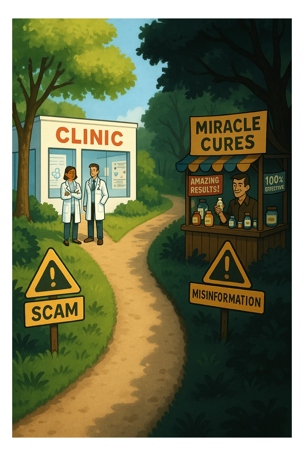 two paths diverge—one leads to a trustworthy clinic with doctors and scientific posters, the other to a shady stand selling “miracle” medicines with exaggerated claims. Signs along the second path warn of scams and misinformation. The scene encourages viewers to choose reliable, science-based healthcare. sticker