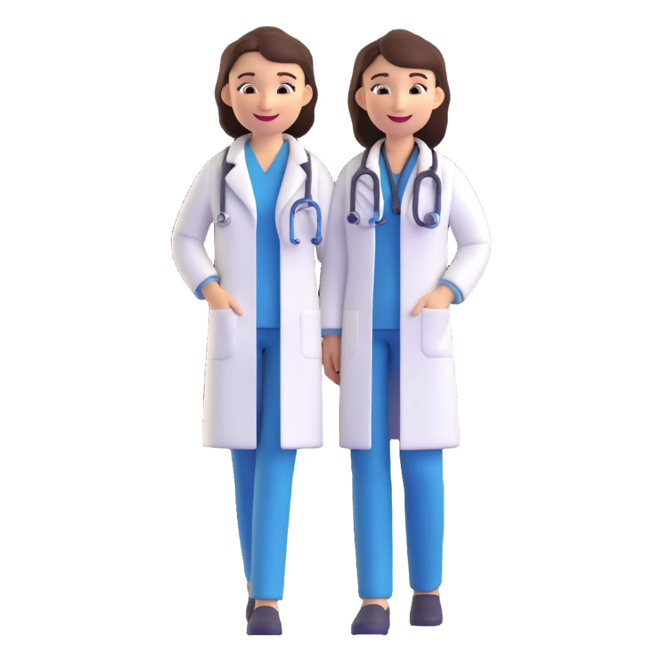 female doctor, 3D emoji style, smiling, white coat, stethoscope sticker