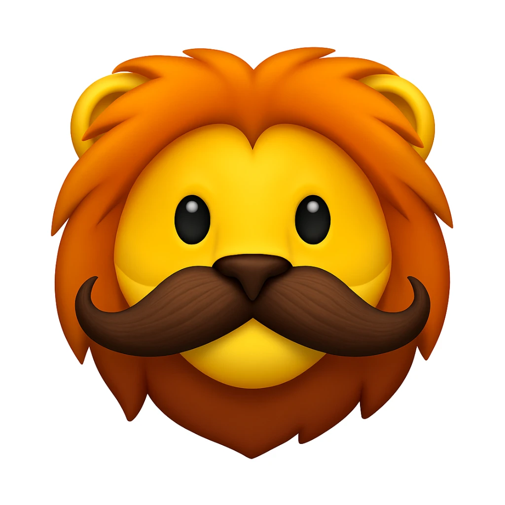 Make a lion emoji exactly like the reference image, in iOS emoji style. Same face, mane, and mustache, smooth and shiny. sticker