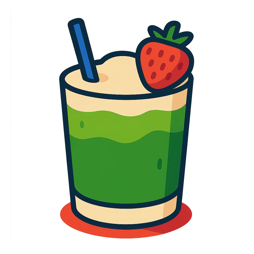 vibrant and fun matcha latte with strawberry garnish sticker