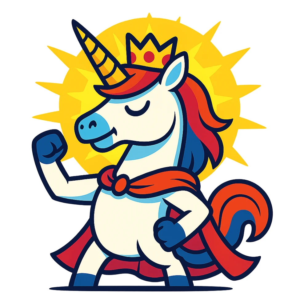 unicorn king standing triumphantly wearing a crown with a bright glowing aura behind symbolizing flawless victory and world conquest sticker