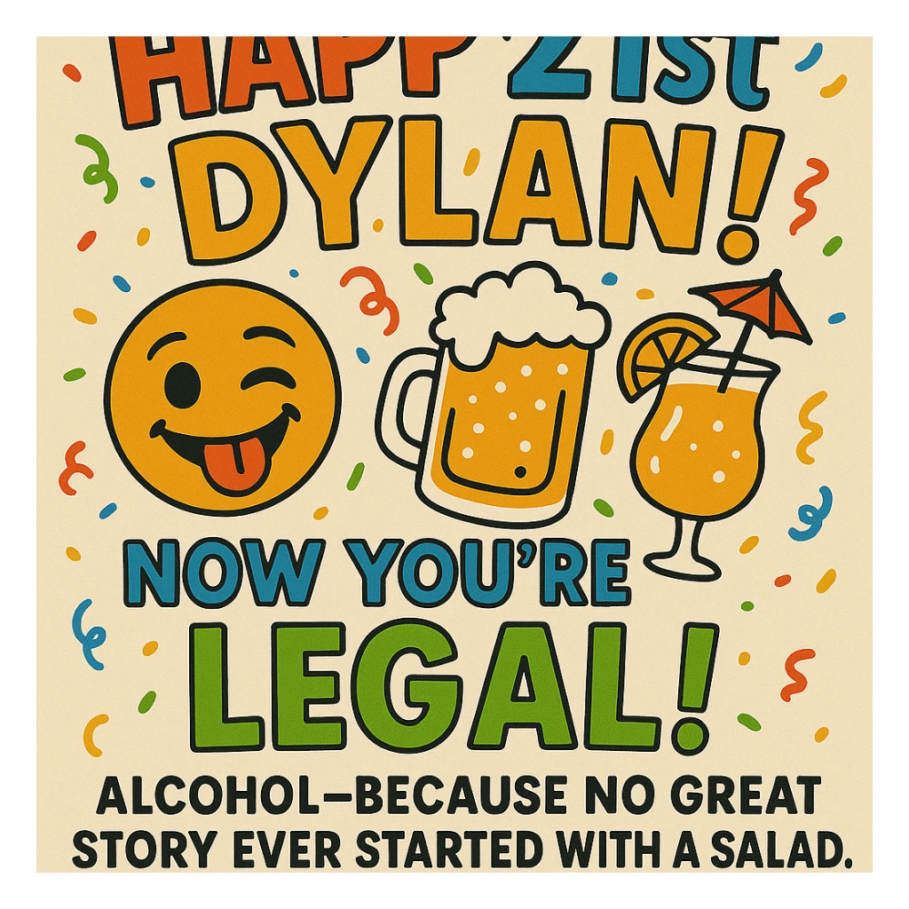 Add the funny drink quote: 'Alcohol—because no great story ever started with a salad.' Keep all original graphics and style. sticker