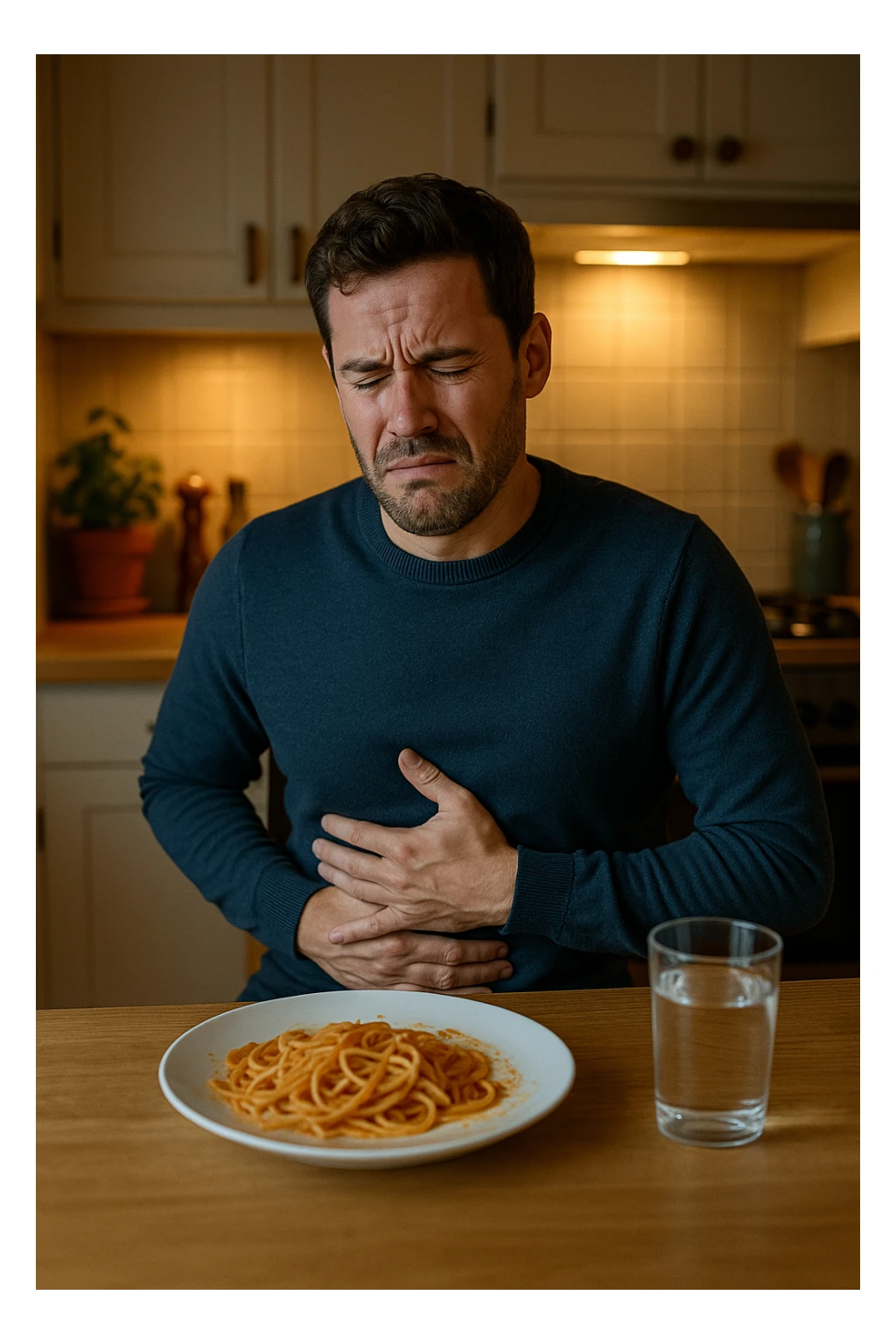 a man sits at a dining table, looking uncomfortable and holding his stomach after eating a plate of pasta. His expression shows mild pain or bloating. On the table, there’s a half-eaten plate of spaghetti, and a glass of water. The background is a cozy kitchen, but the focus is on the man’s discomfort.
 sticker