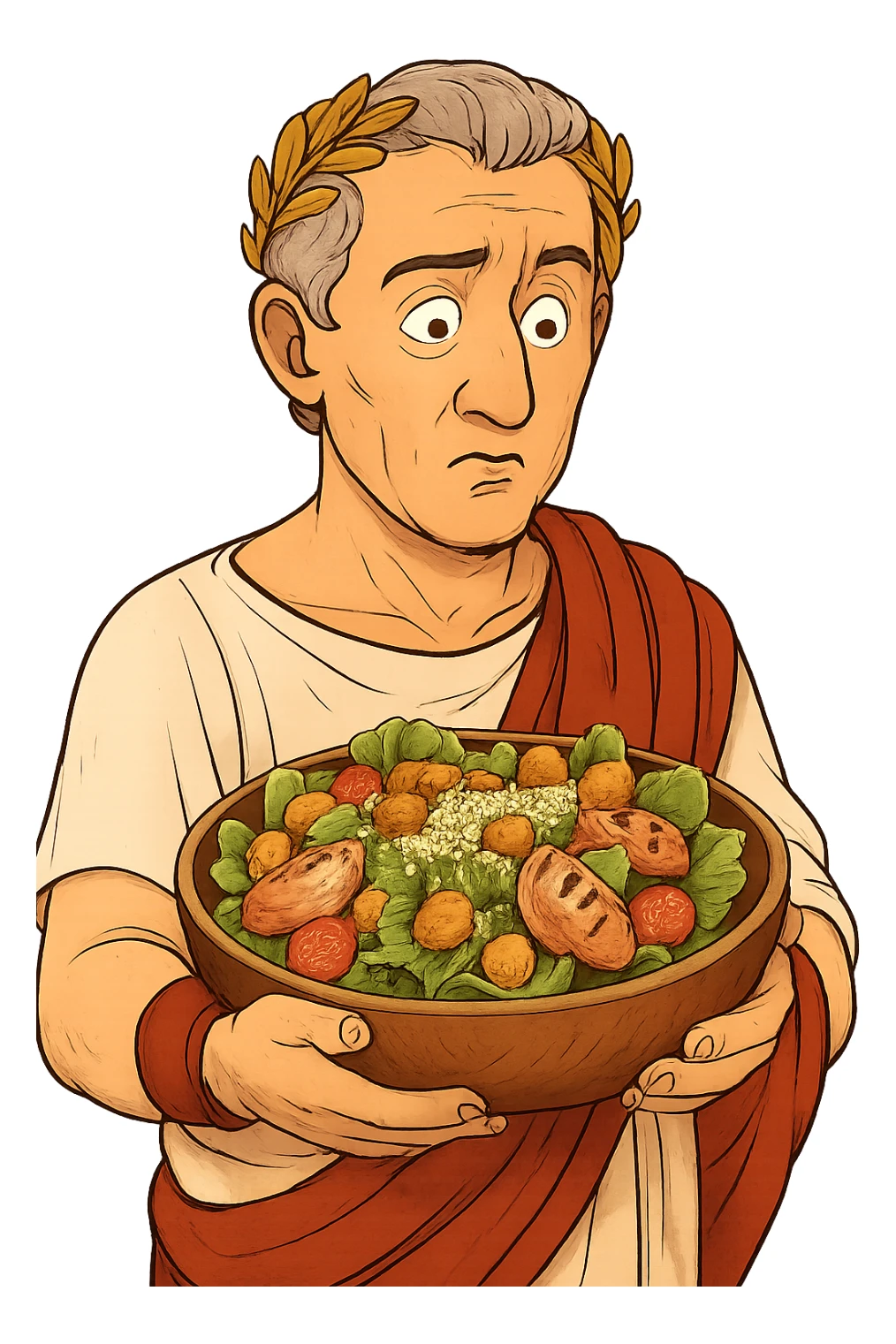 Используя такую стилистику сгенерируй Императора Цезаря, который задумчиво и удивленно держит в руках тарелку с салатом Цезарь, прозрачный фон sticker