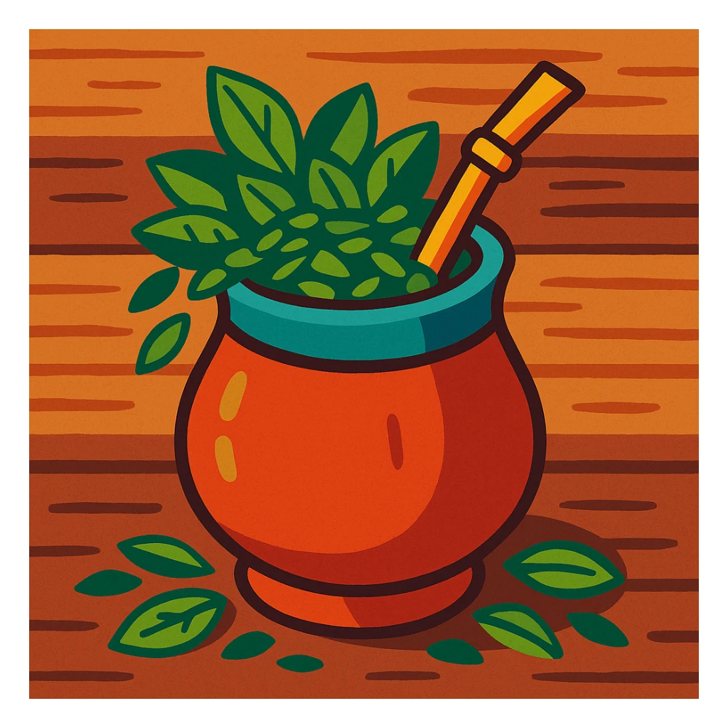 a mate gourd with yerba leaves spilling out, rustic wooden table background sticker