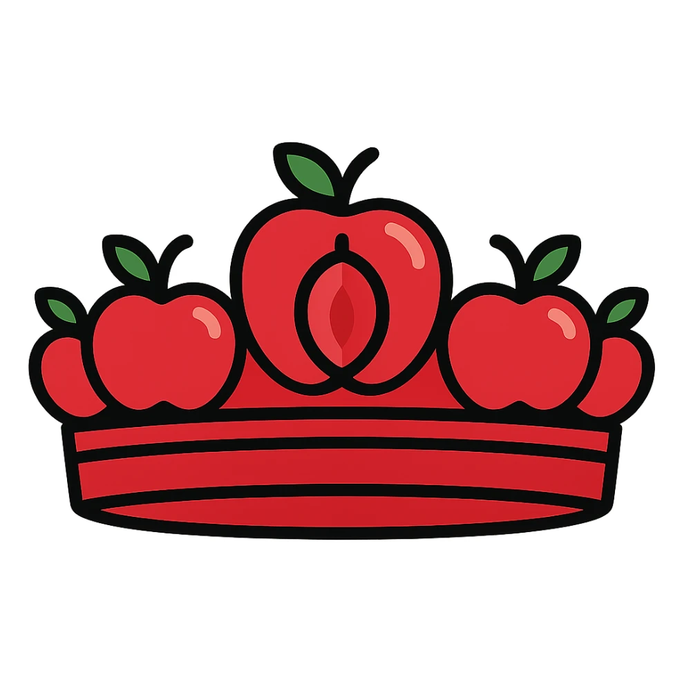 Make the stylized crown's apples and centerpiece a vibrant red, with the main band also featuring more red, keeping the jewel-like look, no background. sticker