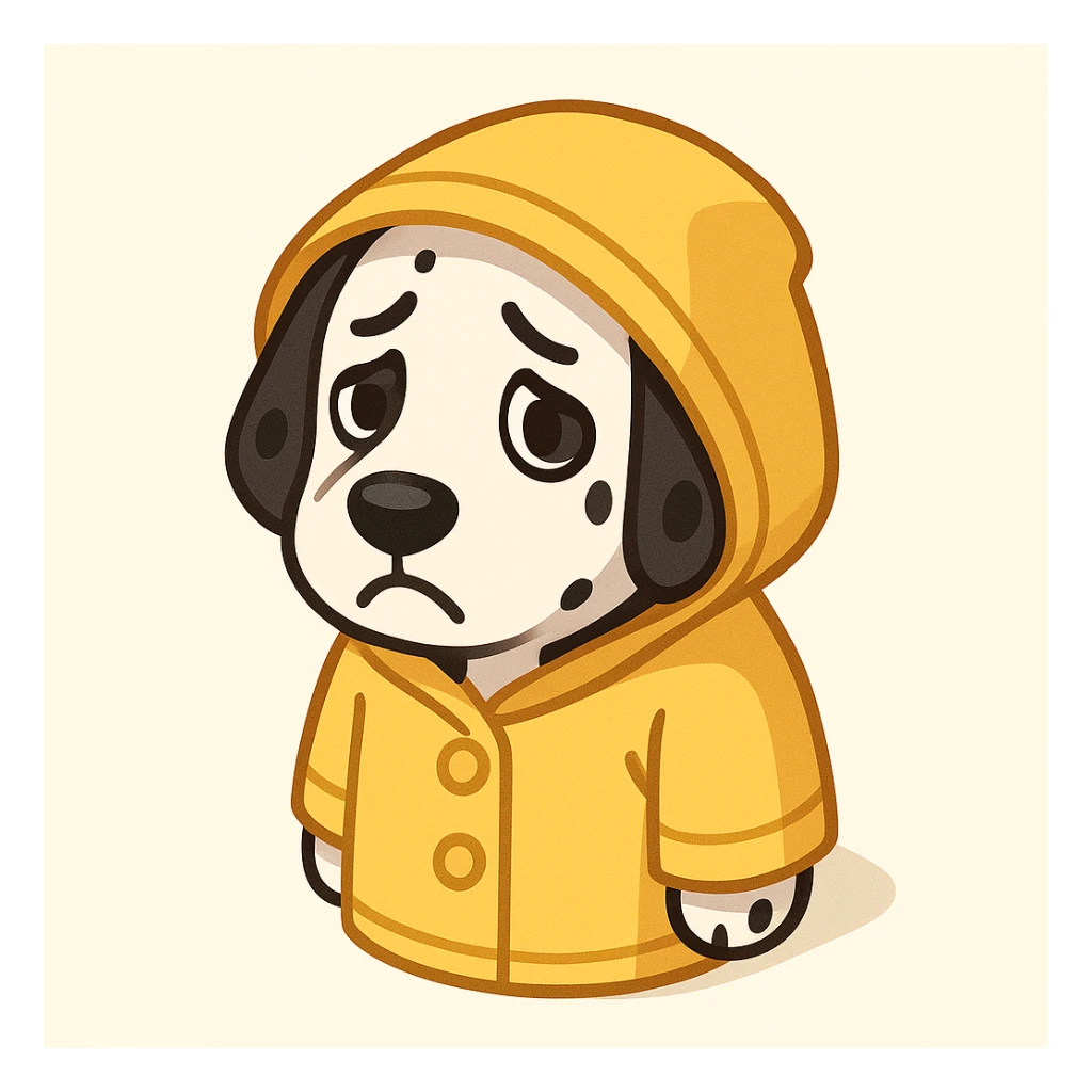 Make this dalmatian look sad and put it in a yellow rain jacket, 2D isometric cartoon style with thick black lines, expressive and clear emotions, vibrant colors, detailed rain jacket with hood and buttons, emphasizing the sad expression on the dog's face. sticker