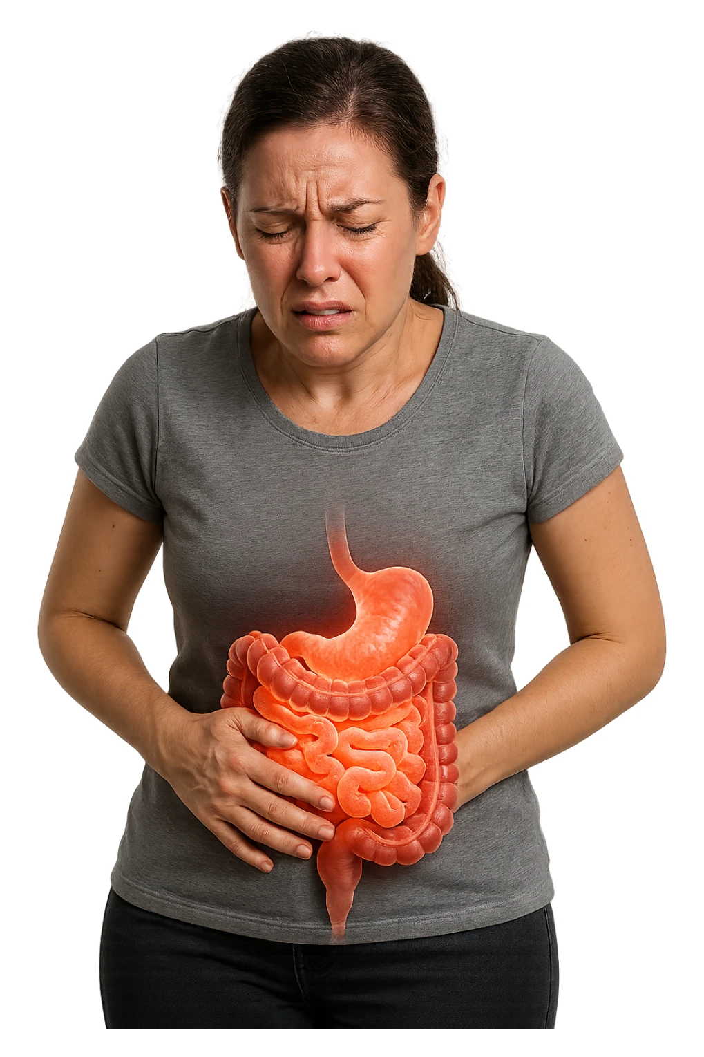 DONNA CON INTESTINO UMANO ANATOMICO IN EVIDENZA E MAL DI PANCIA, iperrealistico 4k, SFONDO BIANCO sticker