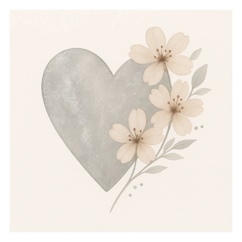 Make the silver accents and details extremely prominent and abundant on the heart with sakura, watercolor style. sticker
