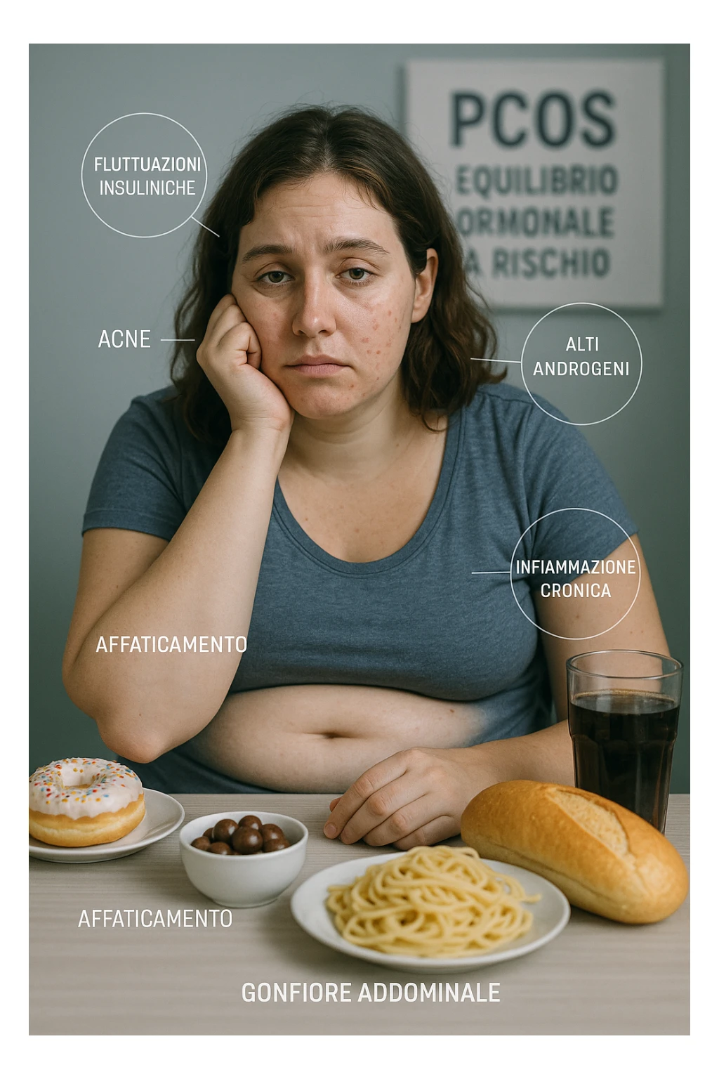 Donna tra i 25 e i 35 anni, seduta a tavola con un’espressione stanca e gonfia. Sul tavolo ci sono alimenti sbagliati per la sua condizione: dolci raffinati, pane bianco, pasta, bibite zuccherate. Intorno al suo corpo si vedono elementi simbolici che rappresentano gli effetti della PCOS peggiorata: insulina fluttuante, androgeni elevati, infiammazione bassa cronica. La sua pelle appare acneica, gonfiore addominale visibile, sguardo affaticato. Sullo sfondo, un cartello sfocato con scritto 'PCOS – equilibrio ormonale a rischio'. Stile realistico con elementi simbolici, toni freddi ma chiari in italiano sticker