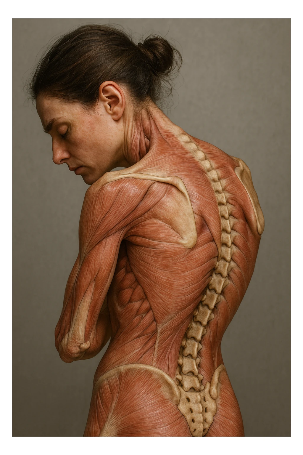 CORPO UMANO ANATOMICO di una donna di profilo con spalle chiuse e postura incurvata, spina dorsale in evidenza, IPERREALISTICO 4K sticker