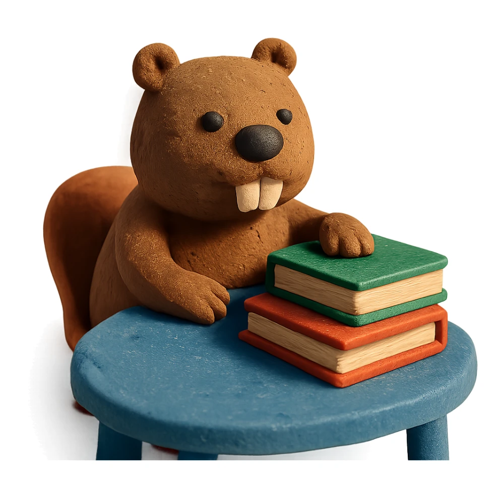 beaver with textbooks, sitting at a table sticker