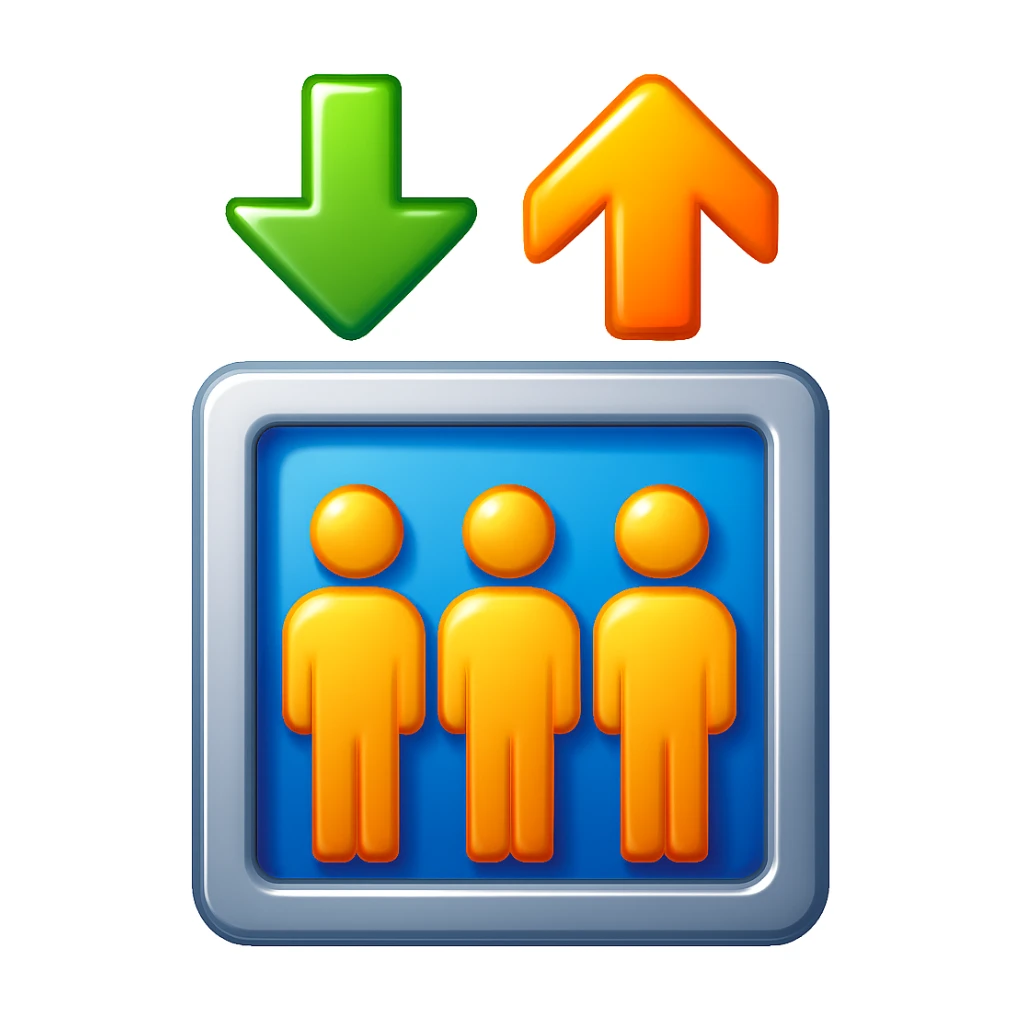 Convert the elevator icon to a colorful and glossy 3D emoji style. Keep the main elements: three people inside an elevator with up and down arrows above, rendered in a vibrant and shiny 3D emoji look. sticker