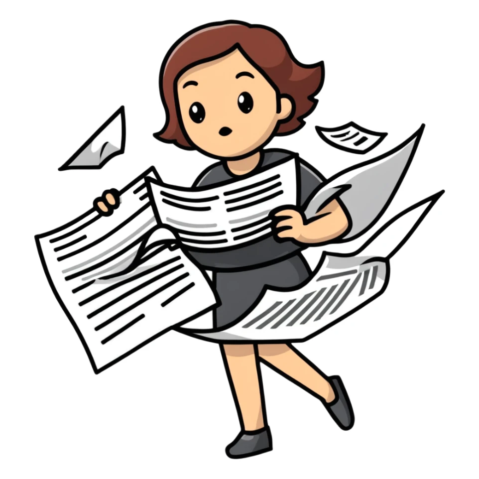 tired woman with flying papers around her sticker