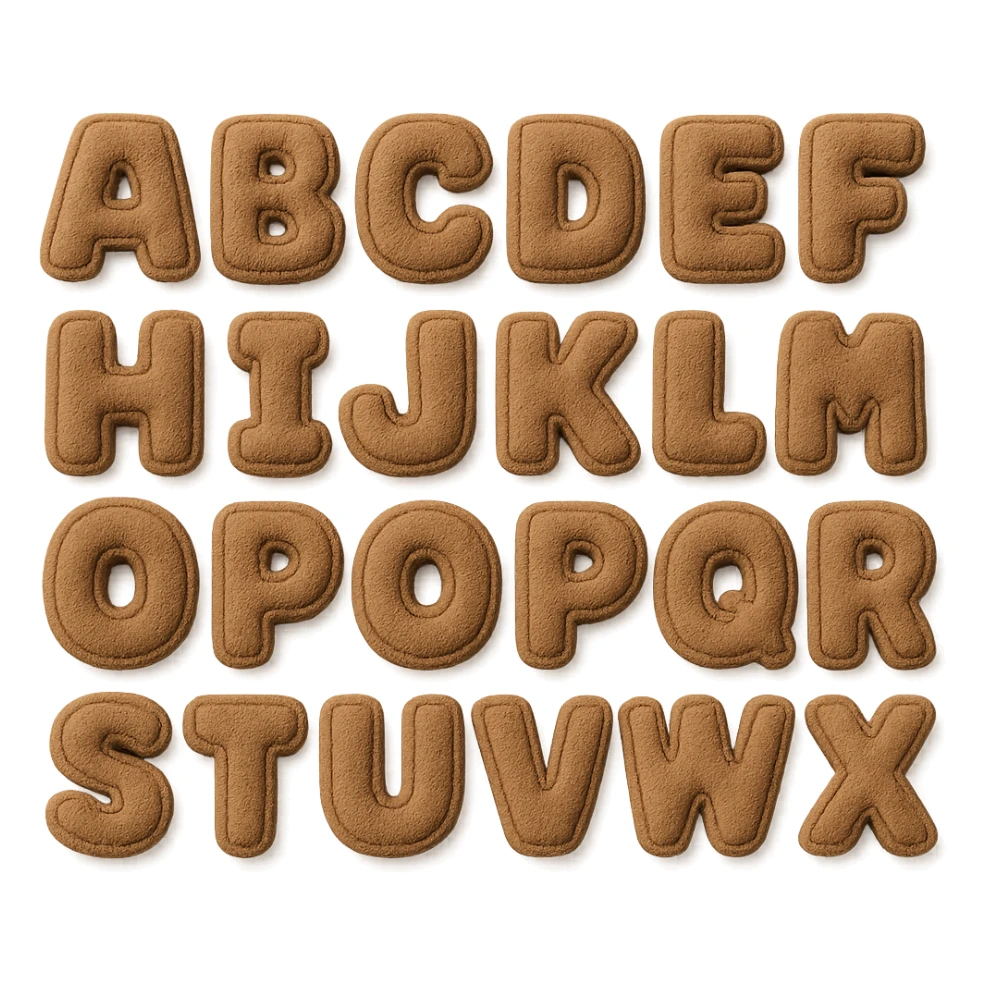 brown plush English alphabet, letters as plush blocks, soft texture sticker