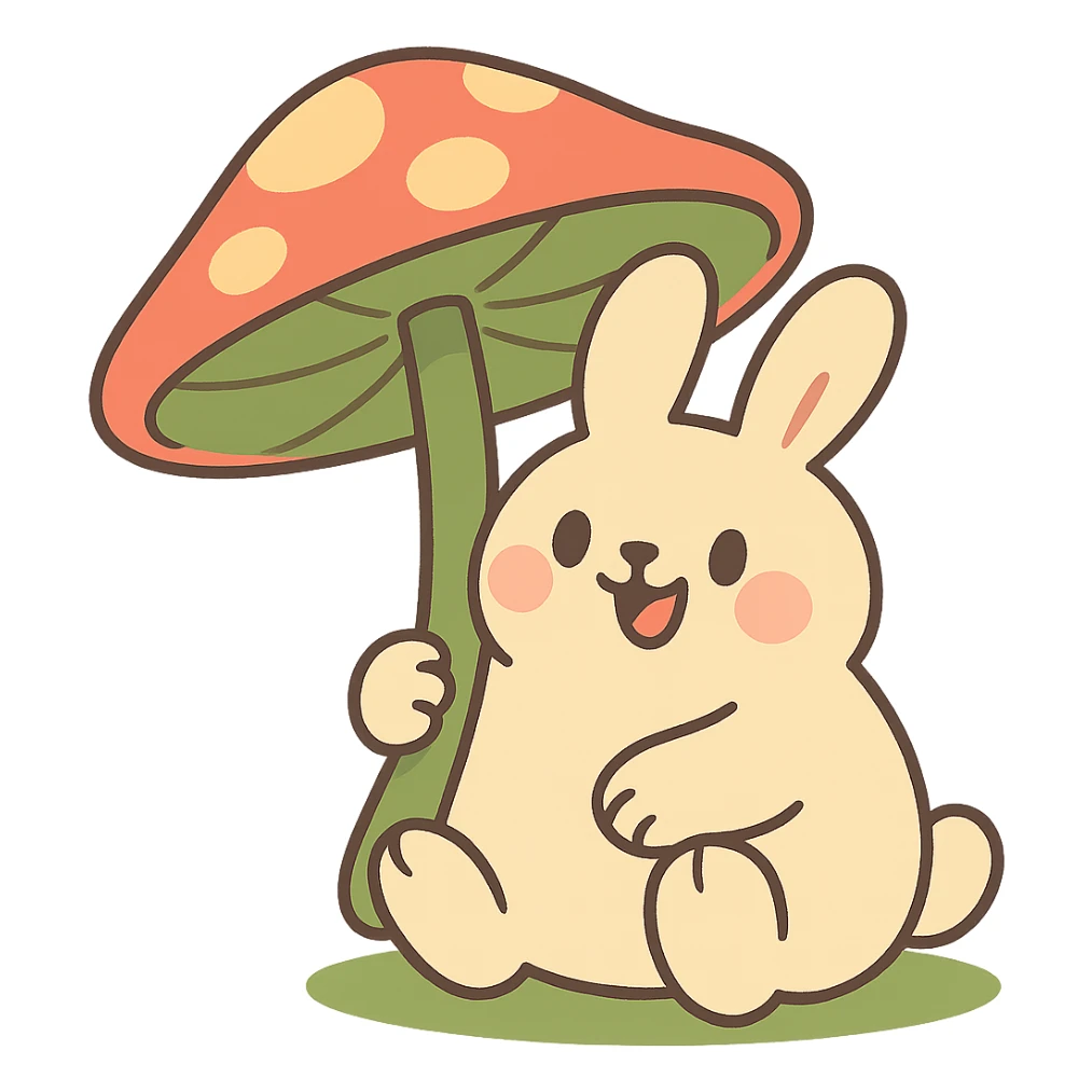 chubby bunny holding a mushroom umbrella, pastel beige and moss green, pastel toon style sticker