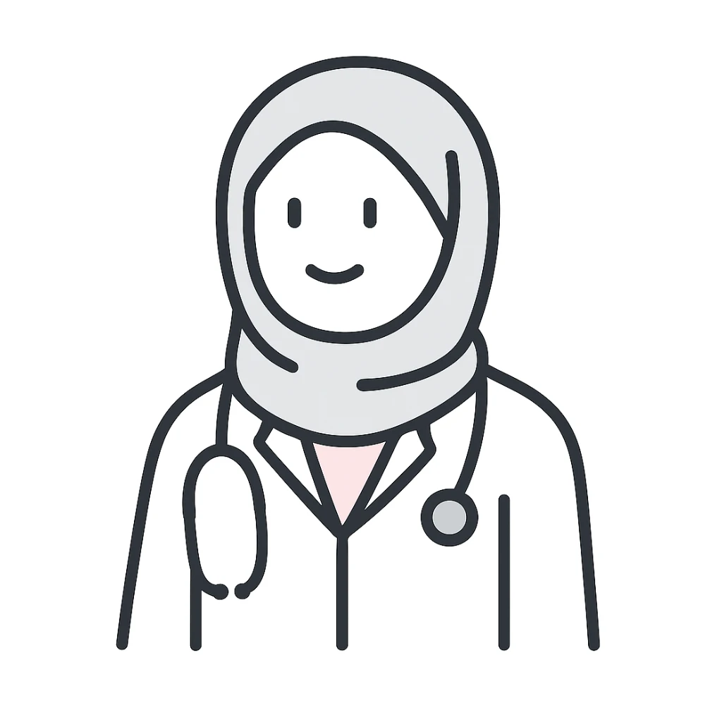 Make the hijabi a doctor in a minimalistic style with flat colors. Emphasize simplicity and clarity in the design. sticker