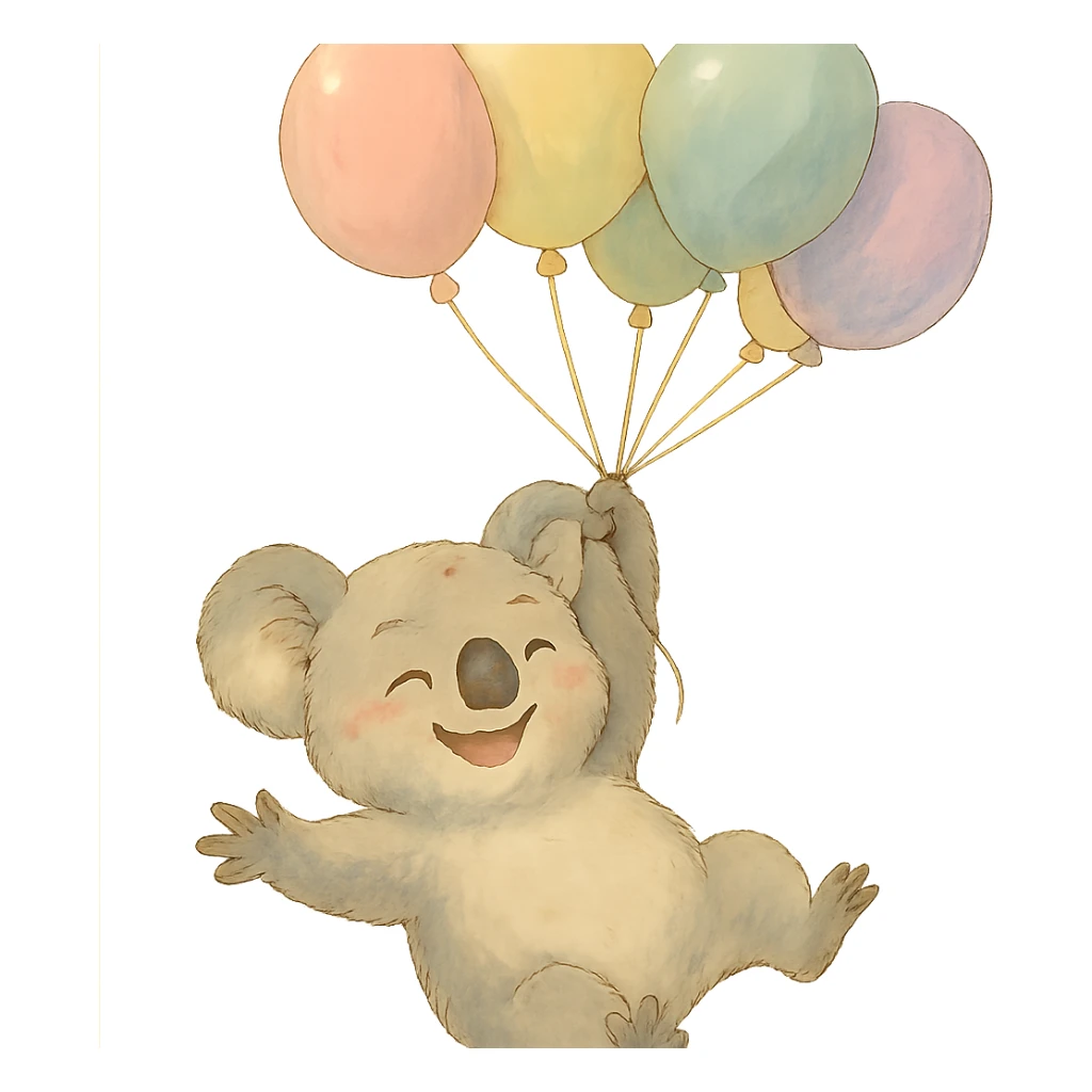 happy koala floating with pastel balloons in soft Ghibli style sticker