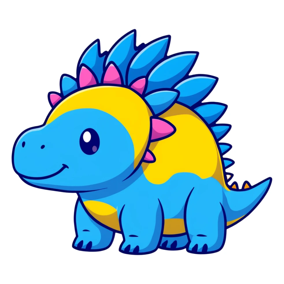 A cartoon blue toy stegosaurus with a friendly face and colorful spikes sticker