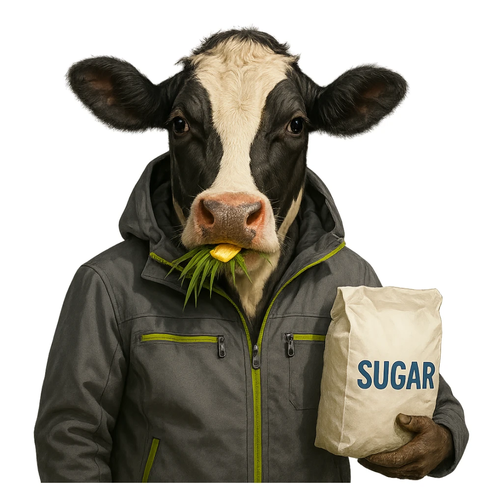a cow dressed in a gray jacket with neon green details, chewing grass topped with butter, holding a bag of white sugar sticker