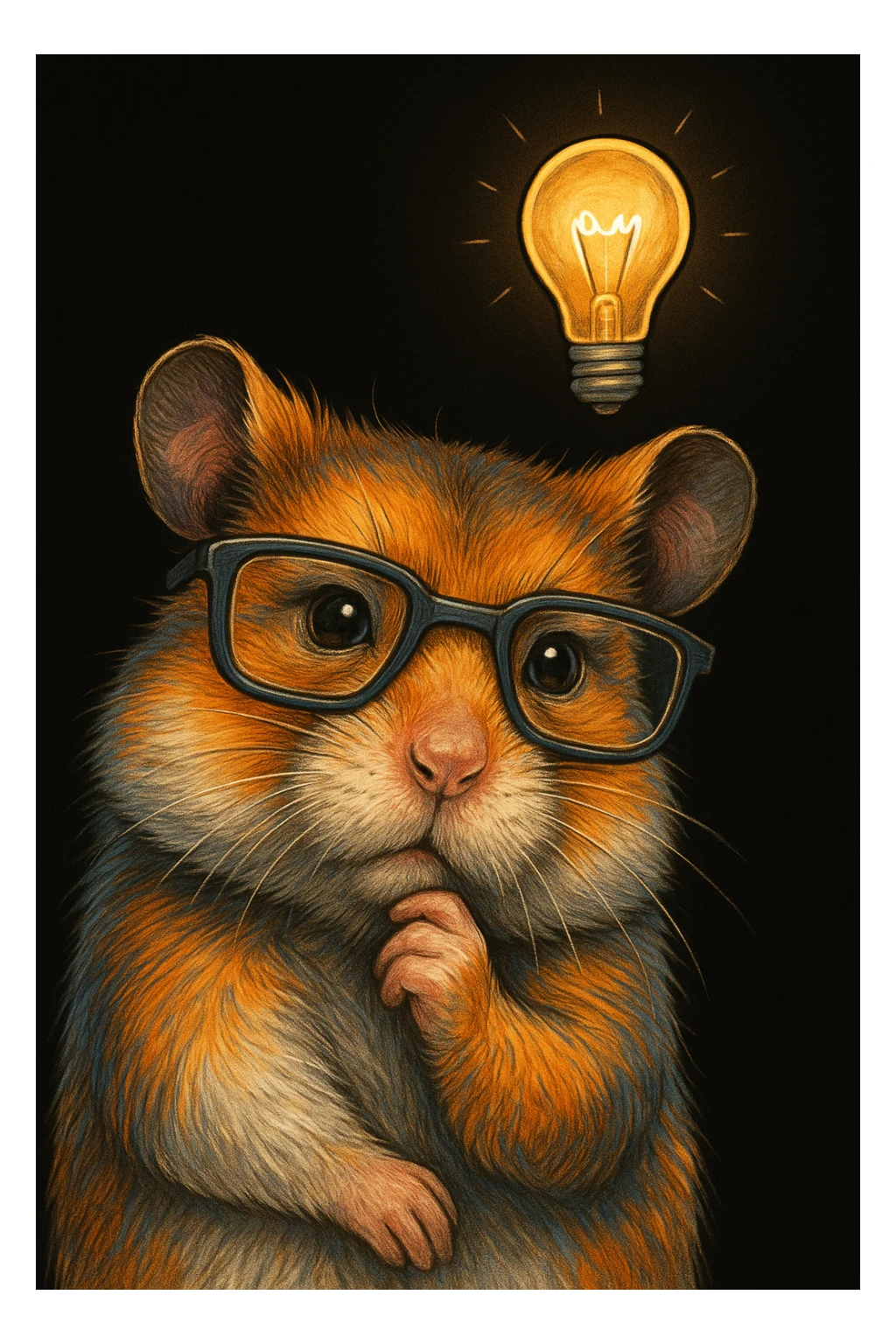 a unique, colorful, mature, modern, highly realistic hamster with cool glasses, thinking about an idea with a lightbulb above its head, hand-drawn look, visually clear and not broken, illustrated in Procreate style on an iPad, solid black background sticker