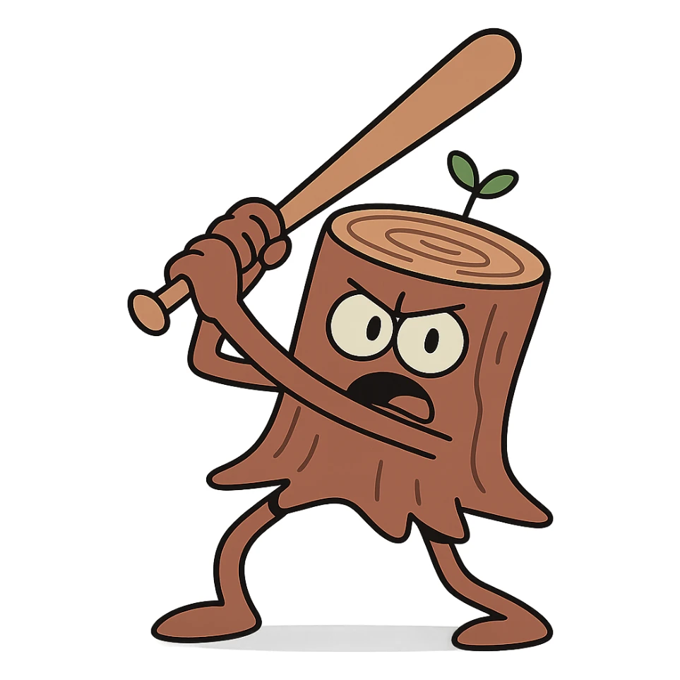 whimsical tree stump with arms and legs holding a baseball bat ready to swing sticker