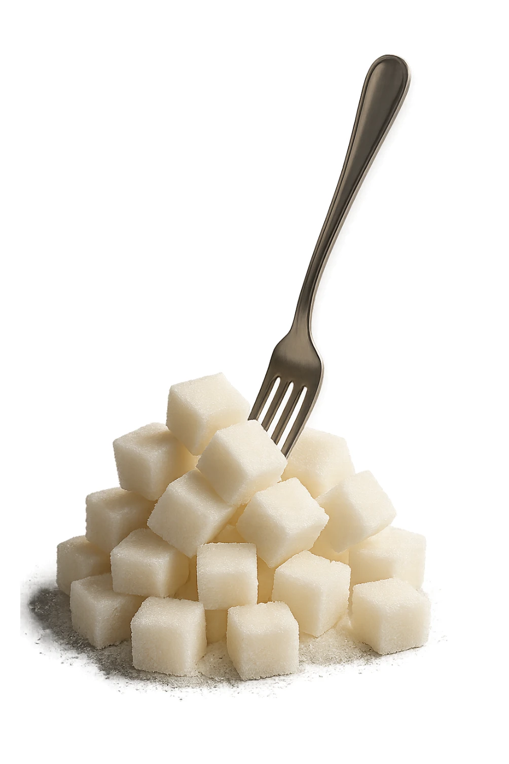 monagna di zollette di zucchero con una forchetta appizzata sopra, iperrealistico 4k sticker