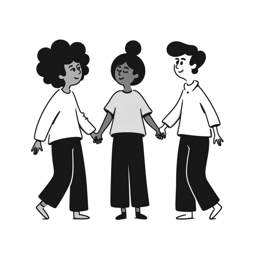 Three diverse people with different skin colors holding hands in solidarity, symbolizing racial integration and unity sticker