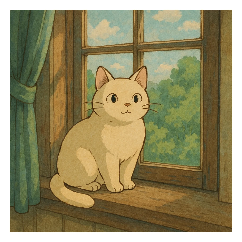 cute cat sitting on a windowsill, ghibli style sticker