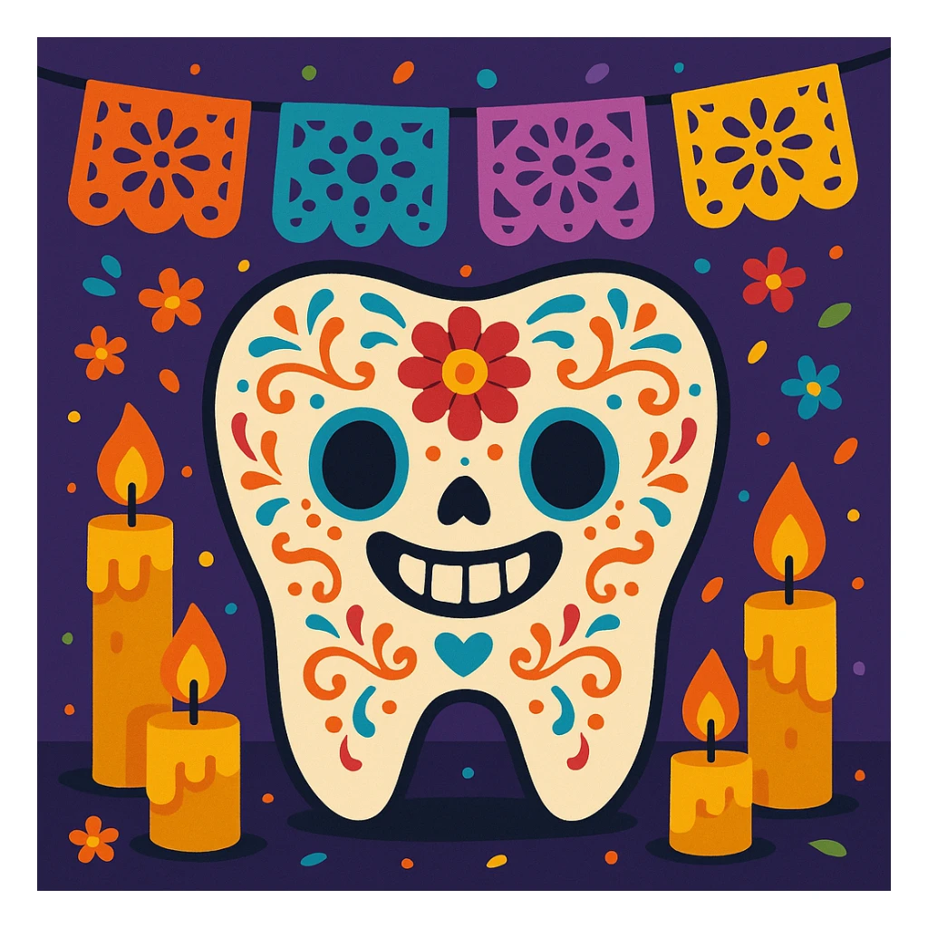 smiling molar tooth with Día de Muertos sugar skull makeup, surrounded by papel picado and candles, joyful and colorful illustration style sticker