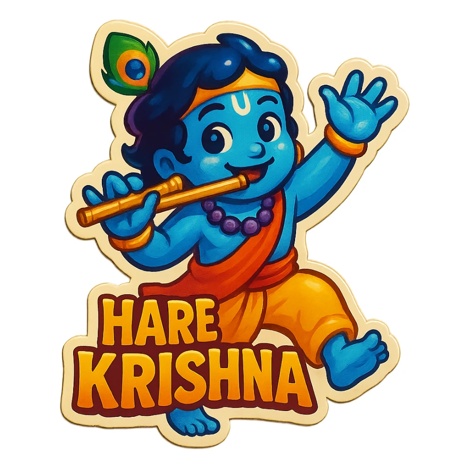 Hare Krishna themed sticker, vibrant and playful, joyful Krishna character, no text sticker