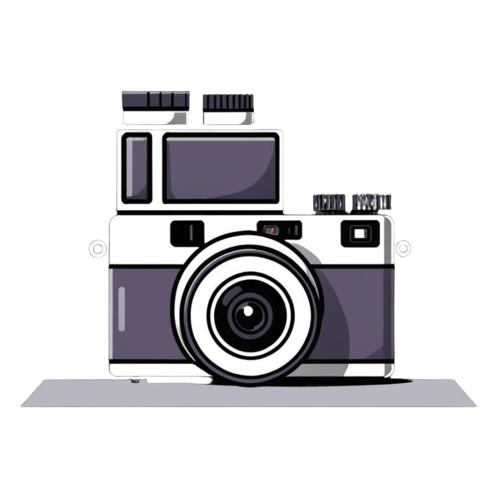 Film photography setup with camera, film rolls, and developed photos sticker