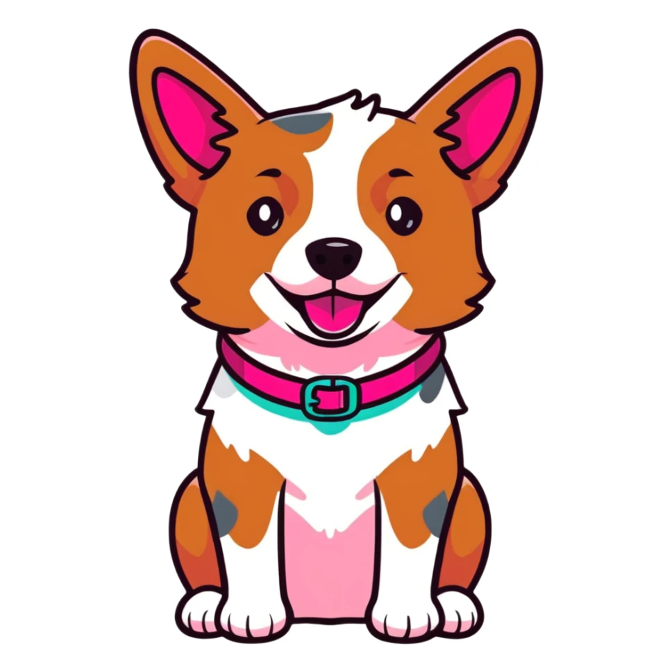 Red heeler cattle dog sitting down facing forward, with a bright pink collar sticker