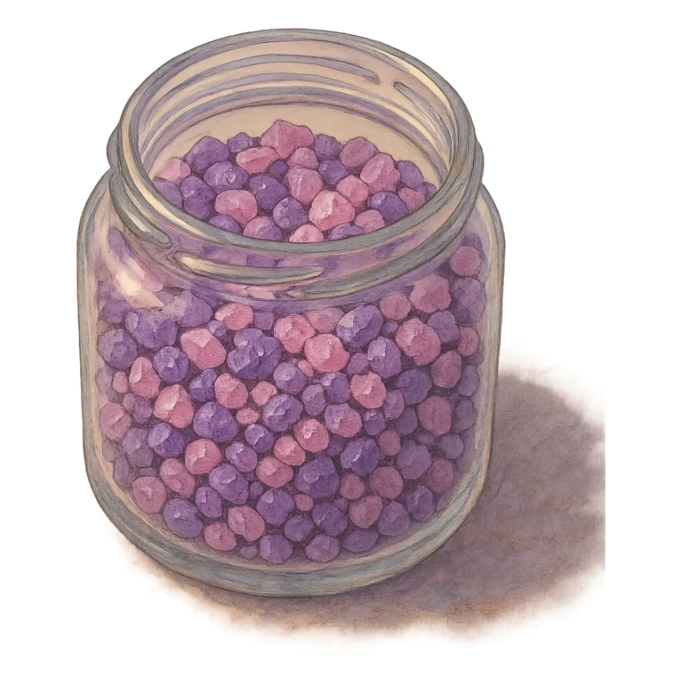 very realistic purple and pink crystal small rough pebbles in an open glass jar, mixed together, natural colors, soft, fairy-like atmosphere, no background, square size sticker