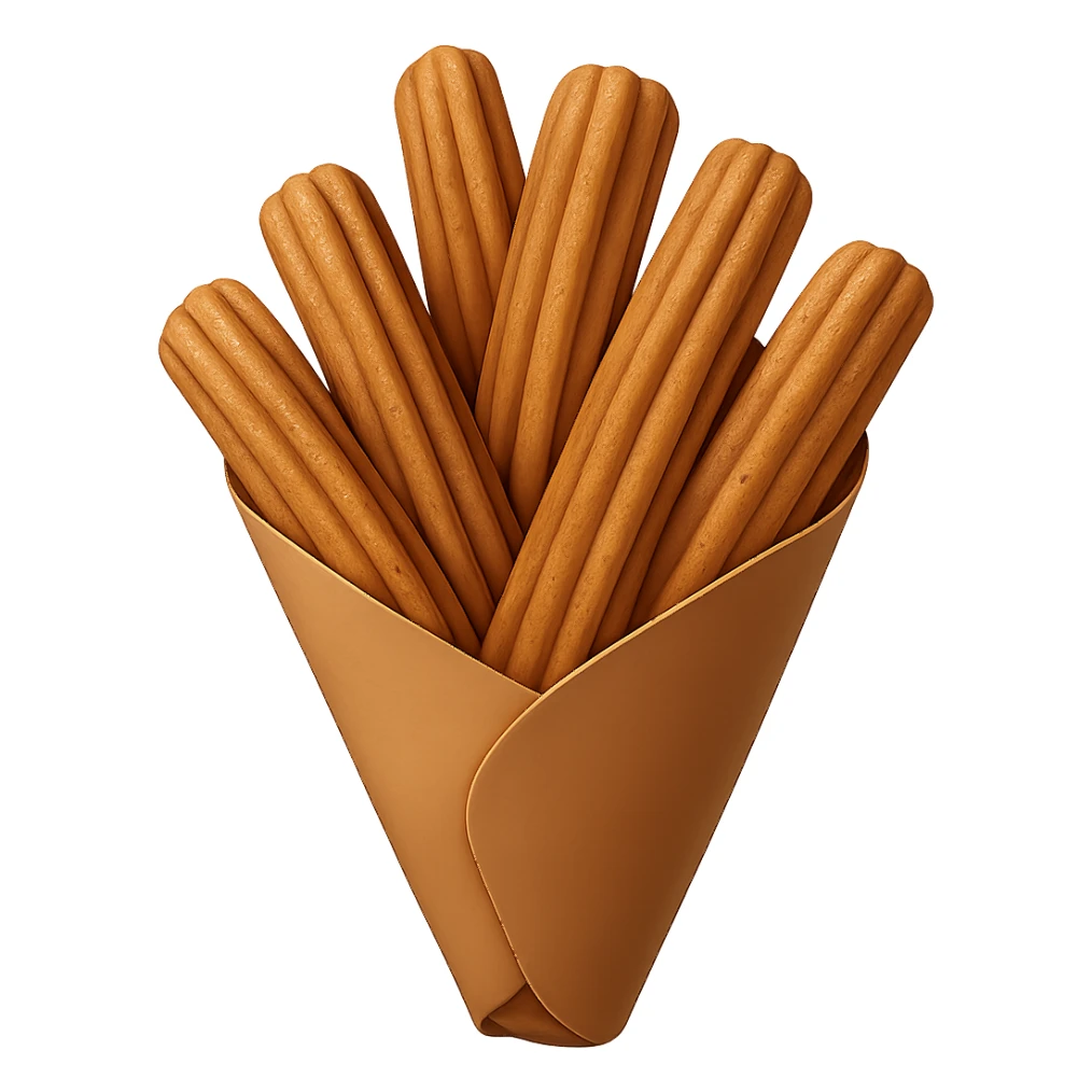Remove the chocolate drizzle from the pile of churros in a paper cone, showing just the pile of churros in the paper cone. Keep the background transparent. The style should match the original image's look and feel. sticker