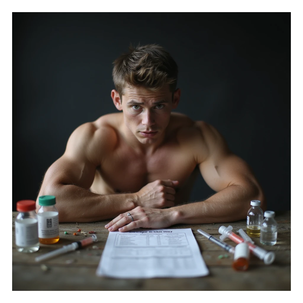 realistic young beginner bodybuilder making chemistry mistakes on first cycle, surrounded by vials and syringes, dosage chart with errors and danger symbols, scared expression, risk atmosphere, isolated on white background, 4K quality sticker