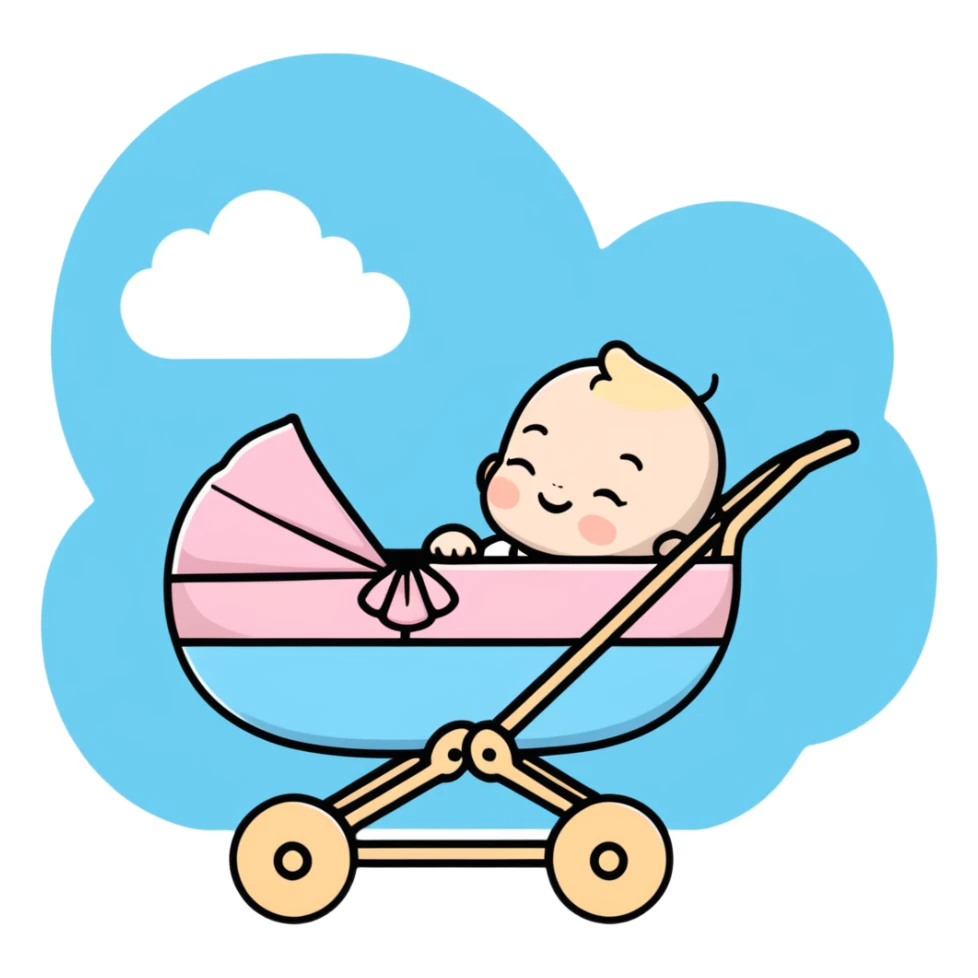 peaceful sleeping baby with closed eyes in pink and beige stroller with pastel blue clouds decoration sticker