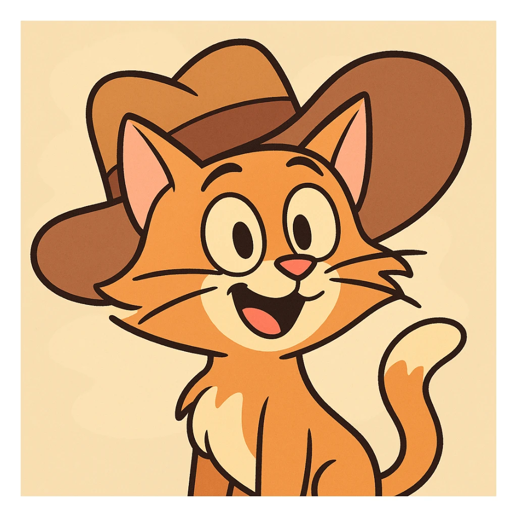 cartoon cat with a big floppy hat, playful and bright colors, cheerful and lively sticker