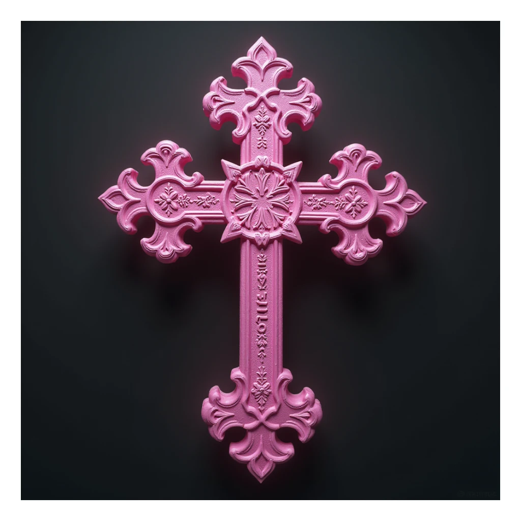 realistic gothic cross, pink with gothic script, photorealistic style, no background sticker
