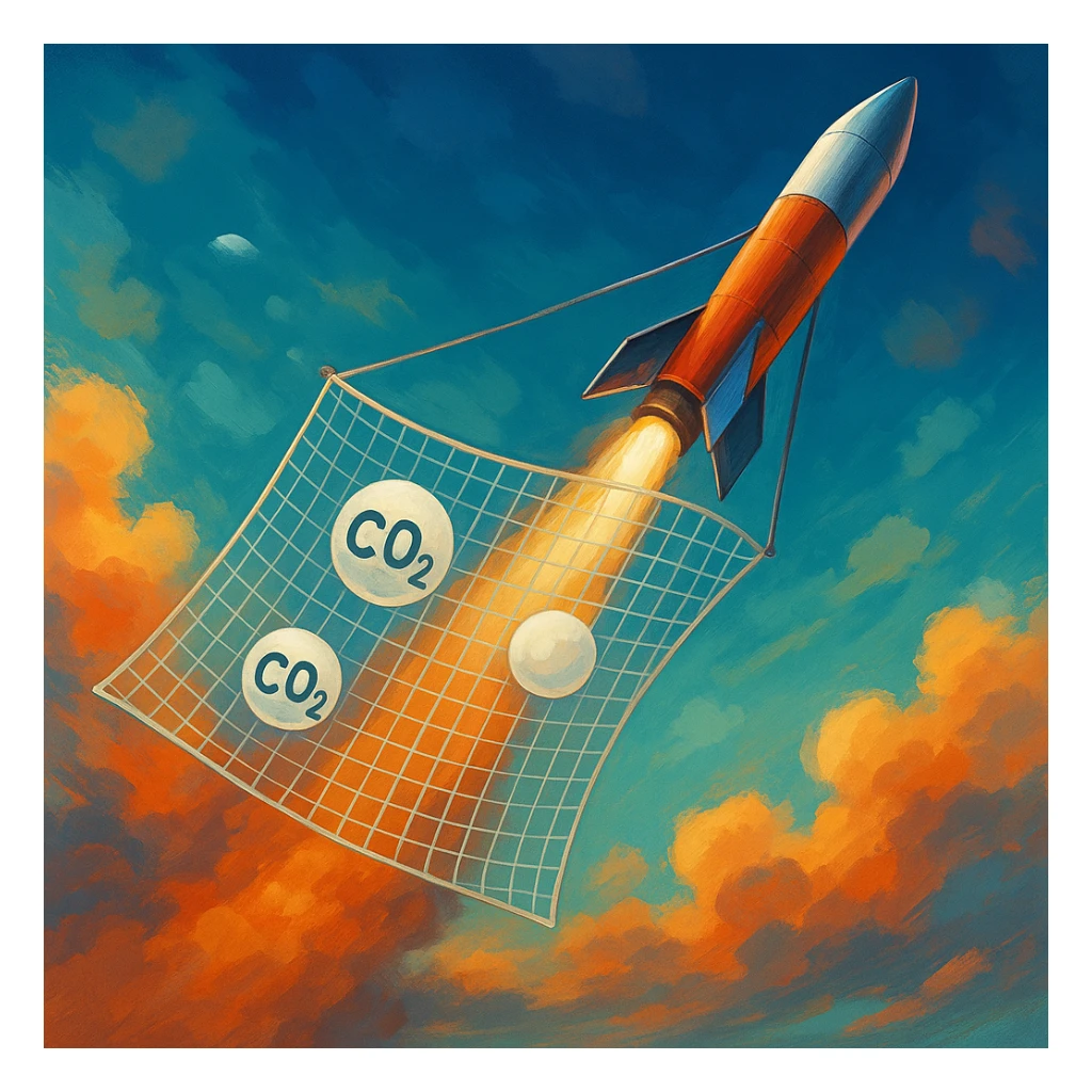 a rocket flying through the atmosphere, dragging a micronet behind it, the net is catching CO2 particles from the air, dynamic scene, vibrant colors, semi-realistic style sticker