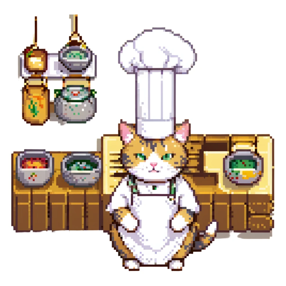 Make the chef cat's gold earring much bigger, keeping the same pixel art style with no background. sticker