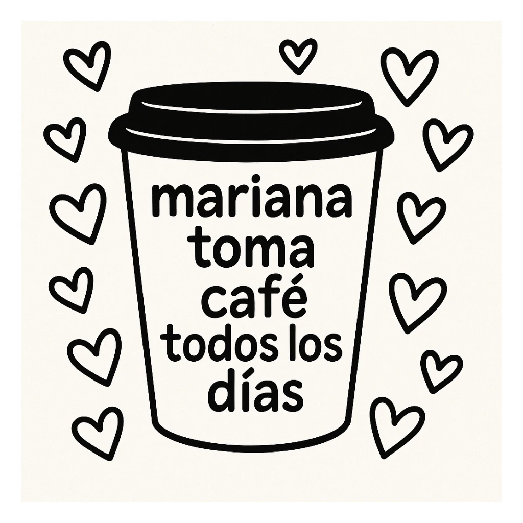 Add hearts around the large coffee cup, keep the phrase 'mariana toma café todos los días'. The original style is doodle style with background. sticker